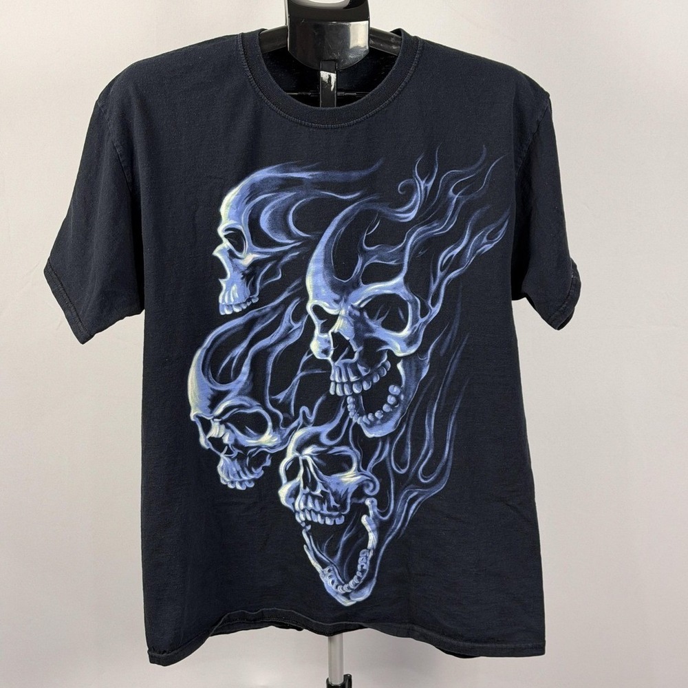 Skull Flames Shirt‎ Mens Large Black Graphic Tee Fruit Of The Loom Gothic Biker
